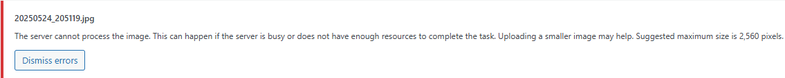 Wordpress - The server cannot process the image. This can happen if the server is busy or does not have enough resources to complete the task. Uploading a smaller image may help. Suggested maximum size is 2,560 pixels.