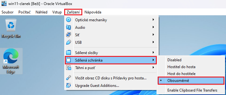 Virtualbox - Sdílená schránka