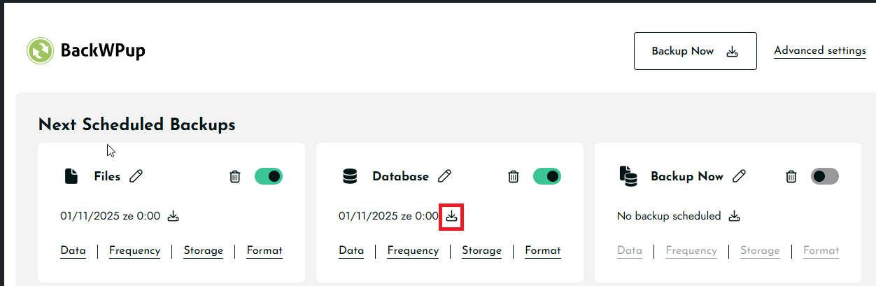BackWPup stazeni databaze
