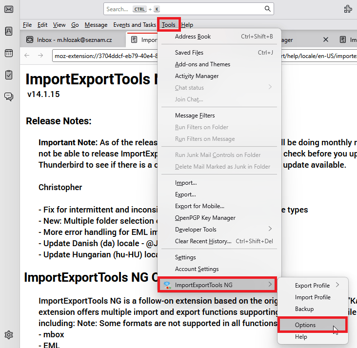 Thunderbird - Automatické a manuální zálohování