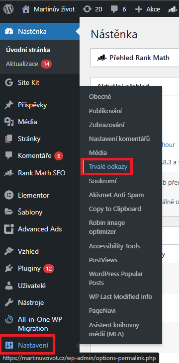 wordpress - Nastavení > Trvalé odkazy