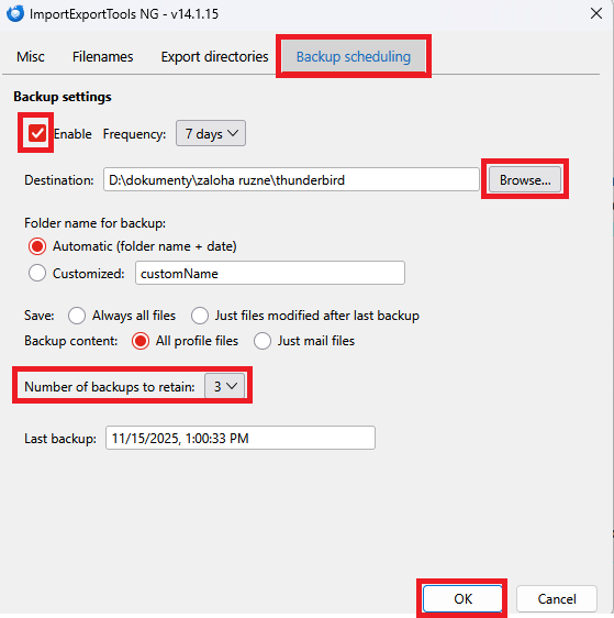 Thunderbird - Automatické a manuální zálohování
