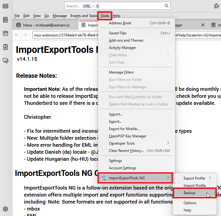 Thunderbird - Automatické a manuální zálohování