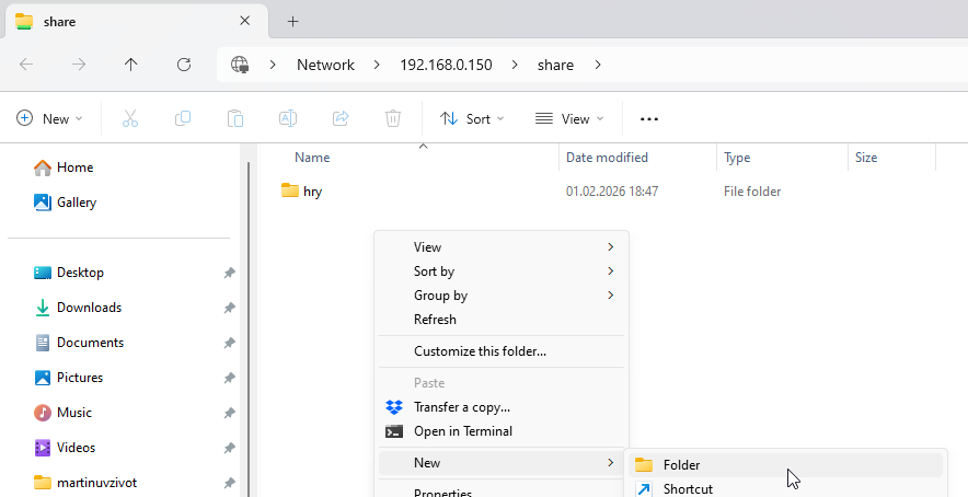 Složka sdílení v Průzkumníku souborů